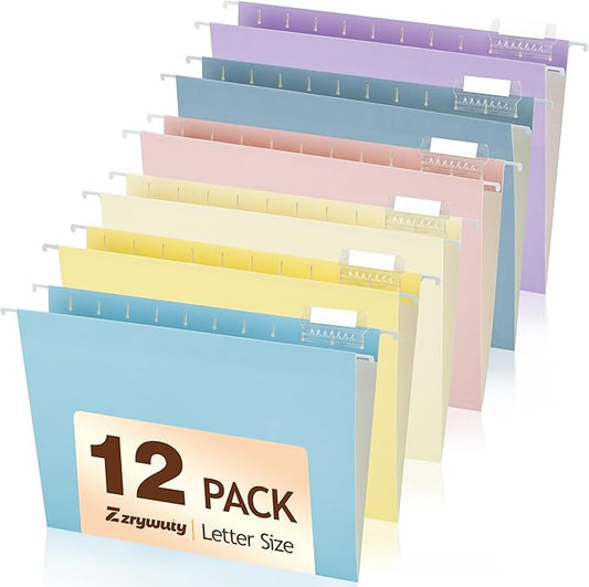 Zzrywuty Hanging File Folders, 12-Pack Letter Size Hanging File Folders with 1/5-Cut Tabs, Color File Folders Office Organizer for Filing Cabinet, Bulky Files & Medical Charts