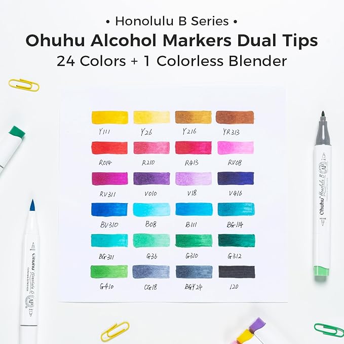Ohuhu Alcohol Markers Brush Tip, AP Certificated 24 Basic Colors Double Tipped Alcohol Based Art Marker Set for Artist Sketching Adult Coloring Illustration - Brush and Fine Dual Tips - Honolulu B