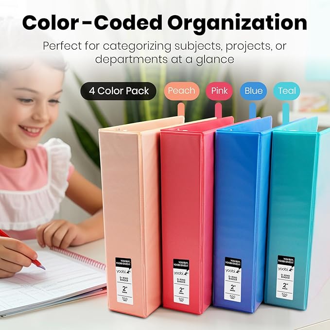 Yoobi 3 Ring Binders - 2 Inch Binder with Round D Rings and 2 Pockets, Durable, PVC-Free Organizer with 500 Sheets Capacity, 4- Pack Colored Binders with Plastic Cover for Office Supplies