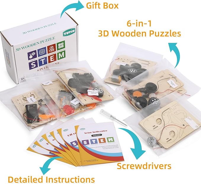 Yutin STEM Kits for Kids Age 8-10 10-12, 6 Set Wood Building Projects Crafts Science Model Car Kits for Kids Age 8-12, Wooden 3D Puzzles, STEM Toys for Boys 8 9 10 12 13 Year Old Birthday Gifts