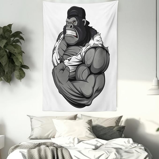 Ambesonne Cartoon Tapestry, Image of Big Gorilla Like as Professional Athlete Bodybuilding Gym Animal, Wall Hanging for Bedroom Living Room Dorm Decor, 60" X 80", Black White Grey