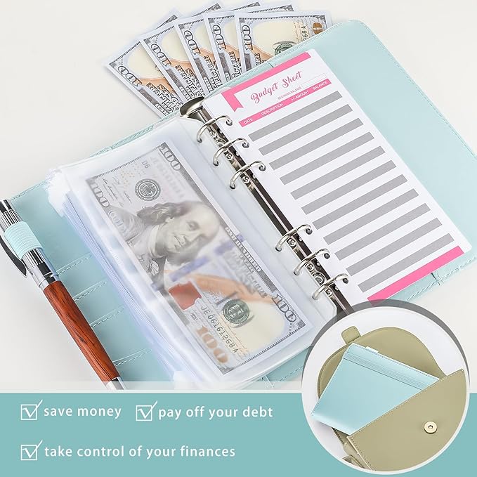 NICOOTHBudget Binder Cash Envelopes A6 Money Saving Binder with Zipper envelopes (Navy Blue)