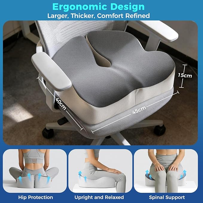 Seat Cushion for Office Chair with Adjustable Loft, Thick Memory Foam Chair Cushion for Back & Sciatica Tailbone Coccyx Pain Relief on Home Chair, Ergonomic Wheelchair Desk Pillow Hip Shaping Support