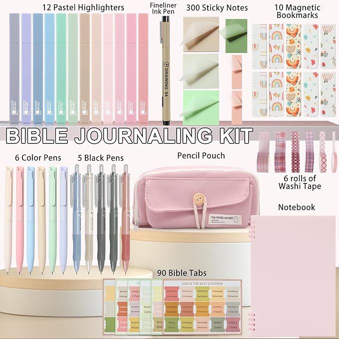 54Pcs Bible Study Supplies, Bible Journaling Kit with Pencil Case, Notebook, No Bleed Highlighters, Pens, Laminated Tabs & More, Note Taking Supplies, Valentines Day Gifts for Women, Pink