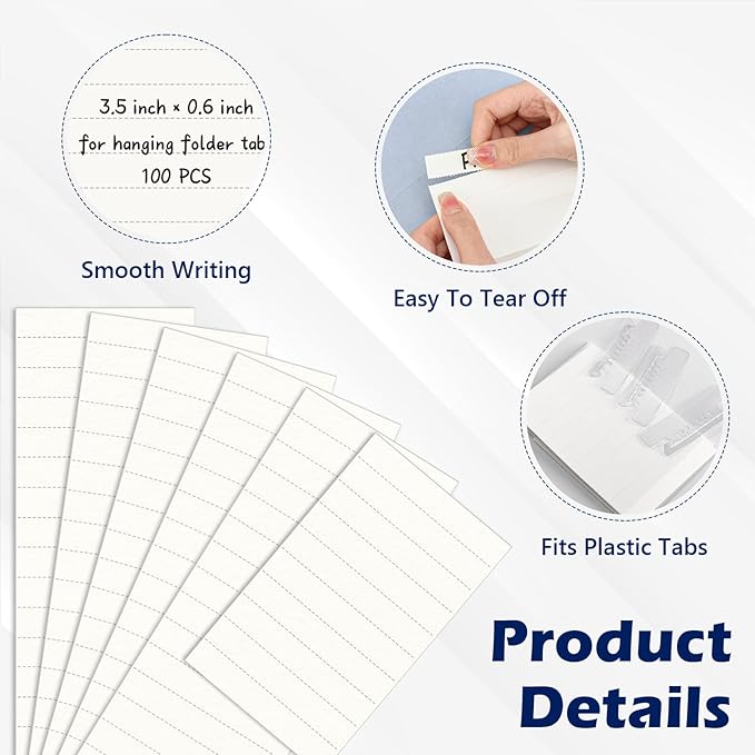 100 Pcs Hanging File Folder Paper Inserts 3-1/2 Inch Off White Blank File Tab Inserts Thick Cardstock for Hanging Folder (3.5×0.6 inch)(No Tab Included)