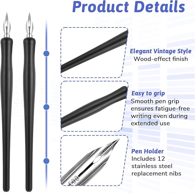 14 Pcs Dip Pen Set Comic Pen Nib Set 12 Stainless Steel Pens Nibs with 2 Wooden Drawing Pens Holder G-Pen Ink Nib for Calligraphy, Comics, Signatures, Drawings (Black)