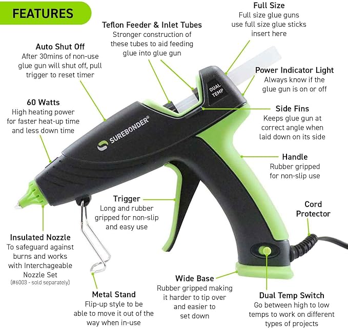 Surebonder Auto Shut Off Hot Glue Gun, Dual Temperature, Full Size, 1.5X Power of Full Size Glue Guns, Easy-Adjust Temp for Multiple Projects (Ultra Series DT-360F)