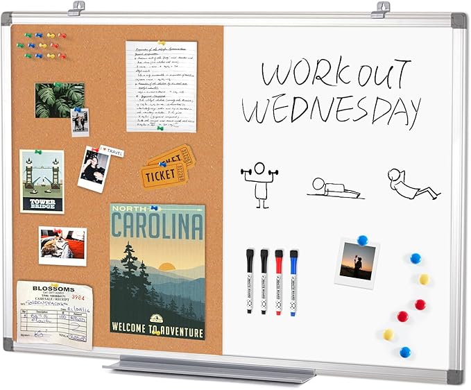 S SWANCROWN Half Corkboard and Magnetic Whiteboard Combo Dry Erase Bulletin Board for Retail School,Office,Family,Aluminium Frame,36x24 Inches