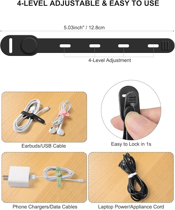 OneLeaf 16Pcs Adjustable Silicone Cable Ties, Reusable Cord Organizer for Desk Setup, PC, TV & Office Cubicle, Secure Soft Anti-Lost Cable Straps for Electronics - Black