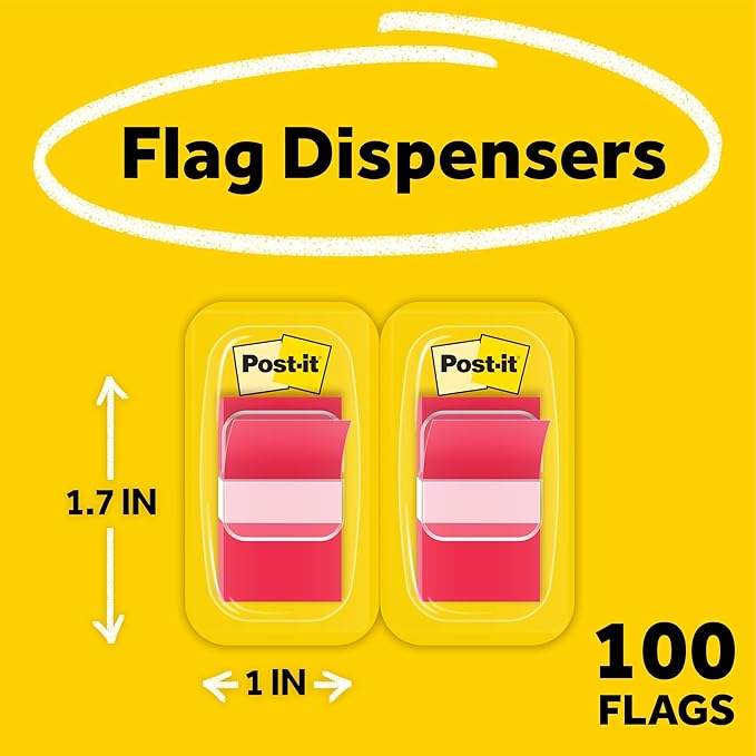 Post-it Flags, 50/Dispenser, 2 Dispensers/Pack, 1 in Wide, Red (680-RD2)