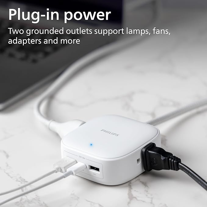 Philips Desktop Charging Station with 5ft. Braided Cord, Power Strip, Device Hub for Phone, Tablet, Laptop, 2 Outlets, 2 USB-A, 1 USB-C, White, DLP3553W/37