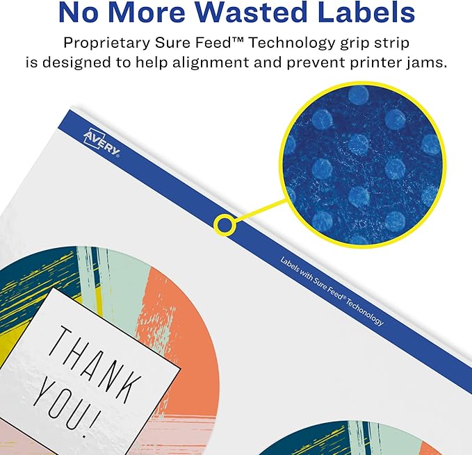 Avery Glossy White Round Labels, Sure Feed Technology, 3.5" Diameter, 100 Glossy White Labels, Print-to-The-Edge, Permanent Adhesive, Laser/Inkjet Printable