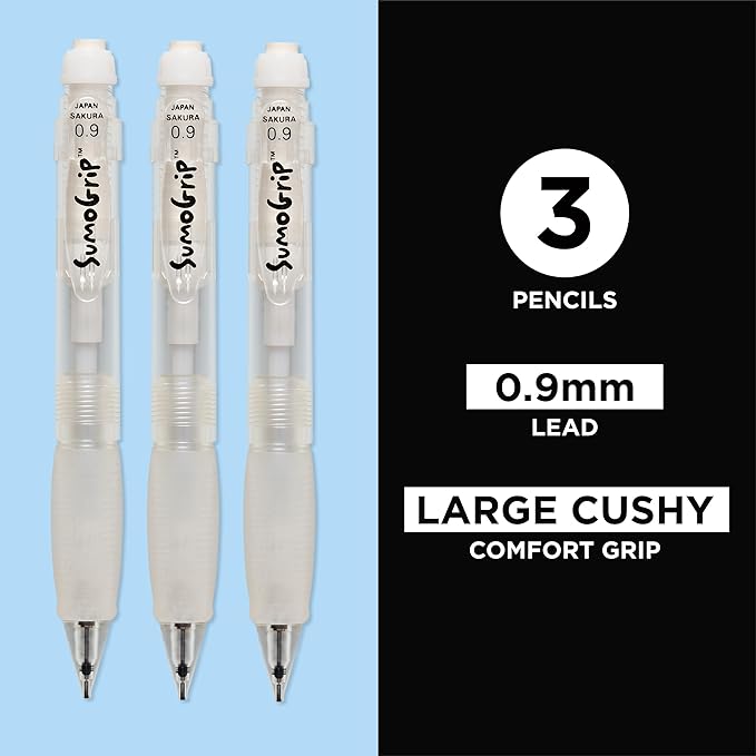 SAKURA SumoGrip Pencil with Comfort Grip - 0.9 mm Ergonomic Mechanical Pencil - Clear - 3 Pack