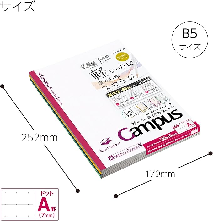 KOKUYO Composition Notebooks, 5 Pack Smart Campus Semi-B5 Comp Book with Dot A 7mm Ruled, 30 Sheets, School Lined Notebook in White, Journal Notebook for Women Work Study Note Taking (NO-GS3CWATX5)