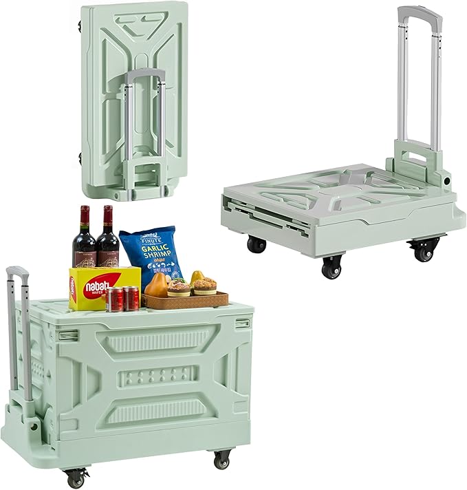 VECELO 23 GAL Modern Rolling Carts with Wheels, Foldable Utility Cart, Light Weight Platform Trucks Dolly, 4 Heavy Duty Wheels, Ideal for Shopping, Camping, Teachers, Mint Green