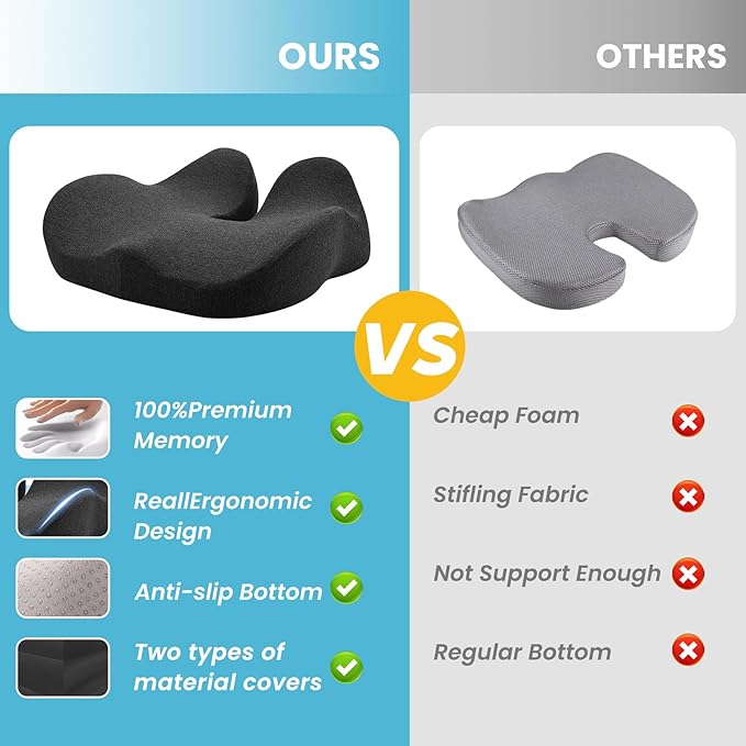 Memory Foam Seat Cushion，Ergonomic Office Chair Cushion，Coccyx Cushion for Tailbone Pain Relief Butt Pillow for Long Sitting，Suitable for Gaming Chair Car Seat Wheelchair