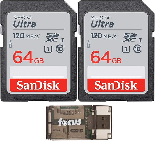 SanDisk 64GB 120MB/S Ultra UHS-I SDXC Memory Card (2-Pack) with Focus All-in-One High Speed Card Reader Bundle (3 Items)