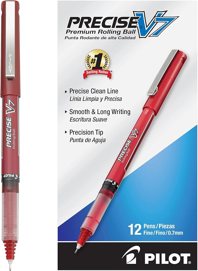 Pilot, Precise V7, Capped Liquid Ink Rollerball Pens, Fine Point 0.7 mm, Red Ink Pens, Pack of 2 - Ideal for School, Journaling & Office Writing