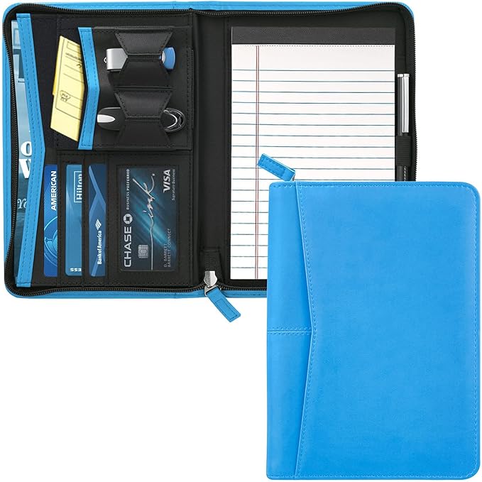 Small Portfolio Organizer, A5 Zippered Business Portfolio, Junior Padfolio Folder Binder for Women & Men, 5 x 8 Writing Pad Included, Blue