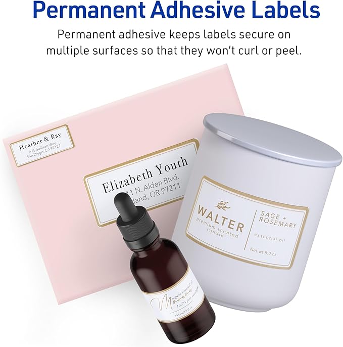 Avery Printable Rectangle Labels, 2" x 4" Blank Labels, Shipping, Matte White, Metallic Gold Border, Permanent Adhesive, Laser/Inkjet Printable, 100 Total (6541)