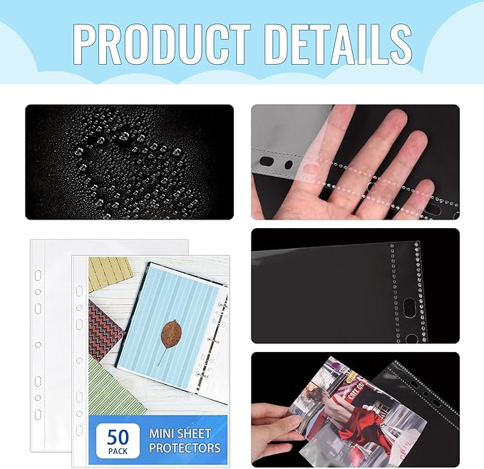 50 Pack 5.5x8.5 Inch Sheet Protectors for 3 or 6 Ring A5 Binder, Half Letter Size 7 Holes Mini Heavy-Duty Sheet Protector Sleeves Crystal Clear Playbill Binder Pockets