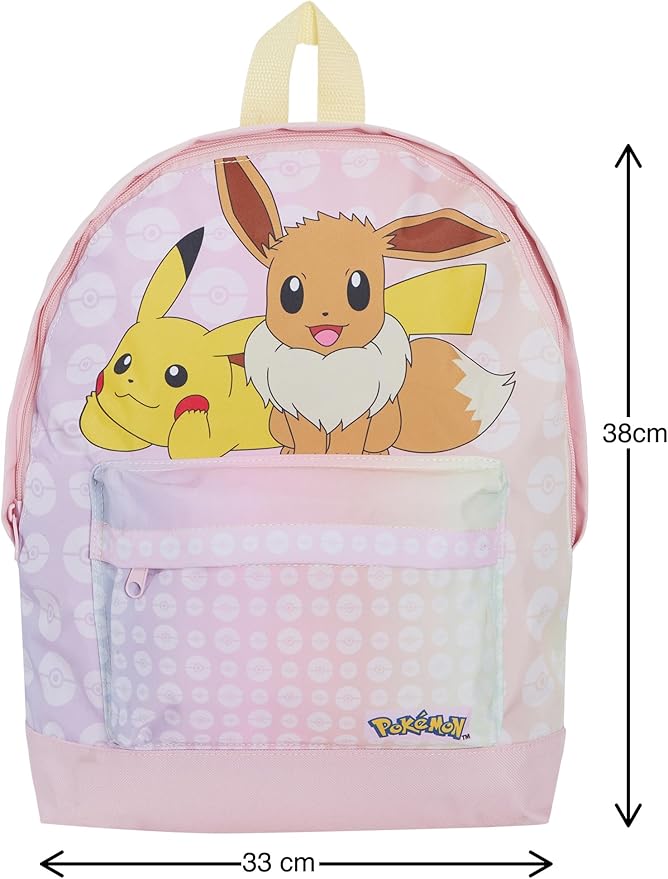Girls Pokemon Backpack + Lunch Bag + Pencil Case 3 Piece Pikachu & Eevee College School Bag Set, Pink, Backpack