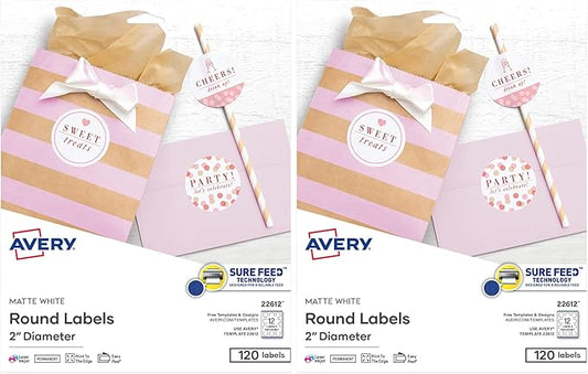 Avery Round Labels, 2" Diameter, Sure Feed Technology, Print-to-The-Edge, Easy Peel, Laser/Inkjet, Permanent, 120 Blank Circle Labels Total (22612) (Pack of 2)