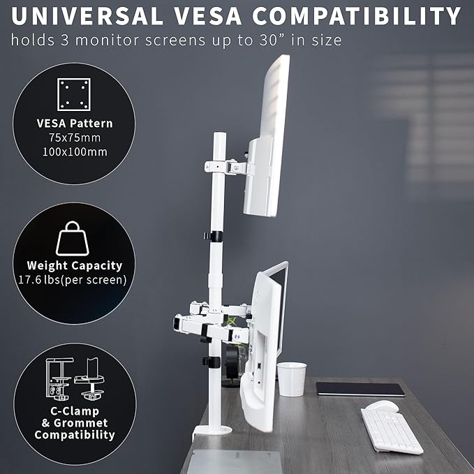 VIVO Triple LCD Monitor Desk Mount Stand Heavy Duty and Fully Adjustable, 3 Screens up to 30 inches, White STAND-V003TW