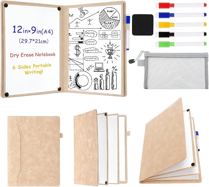 6 Sides Dry Erase Notebook Portable Whiteboards Notebook 12"x9"(a4) Small Reusable Whiteboard Notepad Foldable Anti-ghosting Surface, Travel White Board for Office Study Meeting Planning