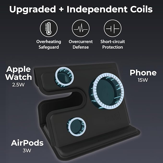 BLACK+DECKER 3 in 1 Charging Station for Apple Multiple Devices, Wireless Foldable Travel Charger for Multiple Devices iPhone 17 16 15 14 13 Pro Max Plus Apple Watch Series/AirPods (Black)