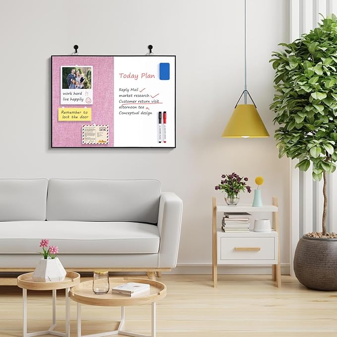 ARCOBIS Cork Board White Board Combo, 24"X18" Linen Bulletin Board Whiteboard for Wall, Double-Sided Magnetic Dry Erase Corkboard for Home, Office, School, Pink