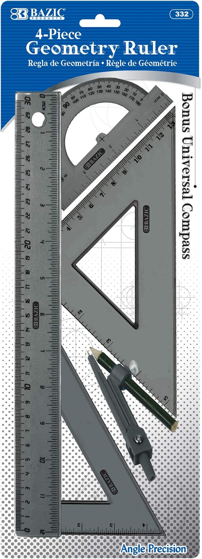 BAZIC Products Math Geometry Set 4 Pieces, Compass, Protractor, Ruler, 2 Triangle Rulers, Plastic Clear Measuring Setss Professional, 144-Packs