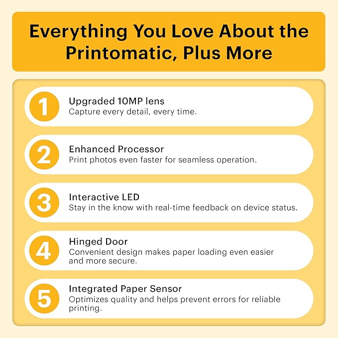 Kodak Printomatic+ Instant Print Digital Camera (Yellow) 10MP Portable Camera with Interactive RGB LED Status Indicator, Prints Full-Color Photos on Zink 2x3” Sticky-Backed Photo Paper - Easy & Fun