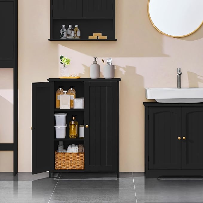 Yaheetech Bathroom Floor Cabinet, Modern Storage Freestanding Organizer Cabinet with Adjustable Shelves & Double Doors, 3-Tier Home Living Room Furniture, Black