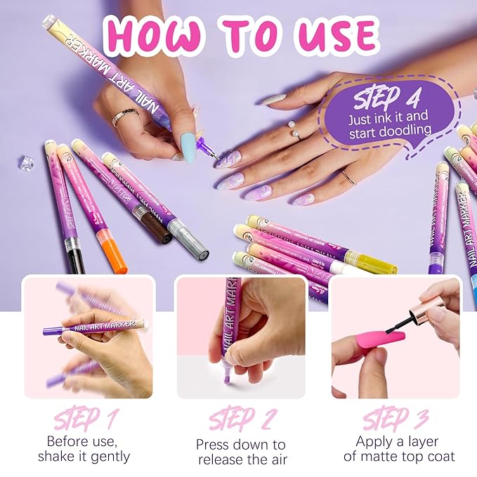 12 Color Nail Art Pens for Painting Nails, 0.5 MM Nail Polish Pens Drawing Point Liner Painted Pen Kit, Waterproof Quick-drying for DIY Nails Art Design Manicure Tools