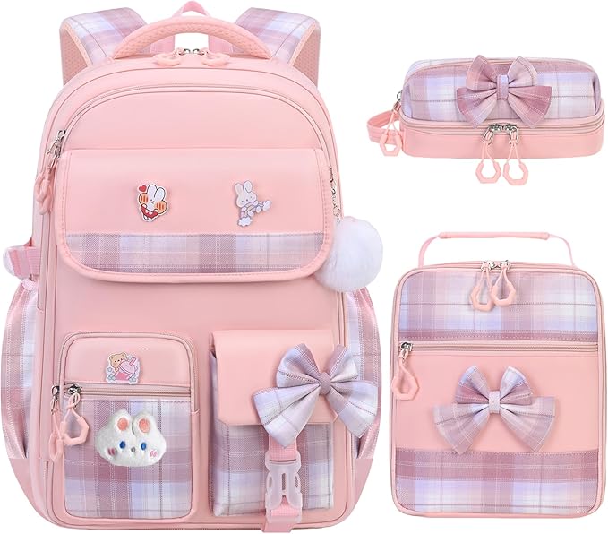 Girls Backpack,Kids School Backpack With Lunch Box Pencil Case Set,Cute Childrens Schoolbag For Girls