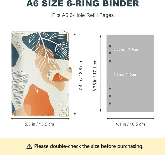 A6 Refillable 6 Ring Faux Leather Budget Binder,Mini Notebook Binder Cover for A6 Filler Paper,Loose Leaf Personal Planner Cover with Magnetic Buckle Closure (White Leaves)