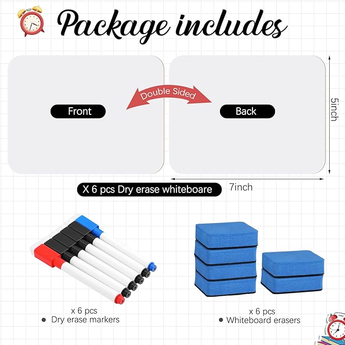 6 Sets Small Whiteboard Dry Erase Boards 5" x7'' Mini Double Sided Dry Erase Lap Boards with Markers Erasers Pen Holders Personal Whiteboards for Students Classroom Teacher