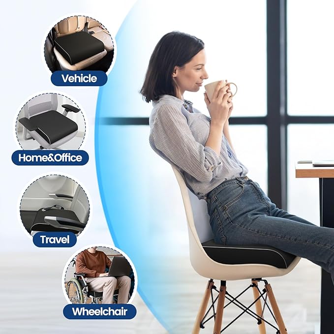 Seat Cushion for Tailbone Pain Relief, Office Chair Cushion, Memory Foam Large Chair Cushion with Non-Slip Cover for Soft Support at Office Chair, Car Seat, Airplane Black/2X-Large