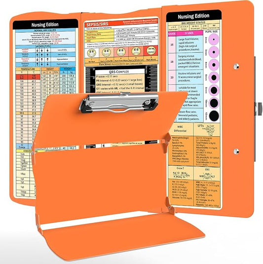 Nursing Clipboard Foldable Nurse Clipboard: Folding Clipboards with Nursing Edition Cheat Sheets Pocket Size Trifold Foldable Clip Board for Nurses School Students Orange