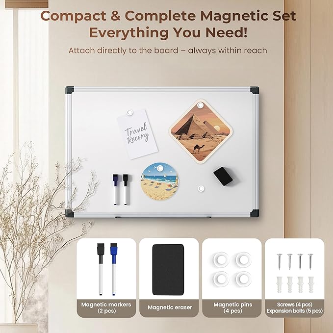 Magnetic White Board 36" x 24" for Wall, Dry Erase Board for Home Office, School, Study Room – Silver Aluminum Frame, 2 Markers, 4 Magnets, Included Eraser