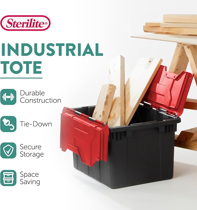 Sterilite 6-Pack 12 Gallon Hinged Lid Industrial Tote, Heavy-Duty Plastic Organizer - Stackable Multipurpose Home Storage Bins with Contoured Handles for Garage, Basement or Attic Organization