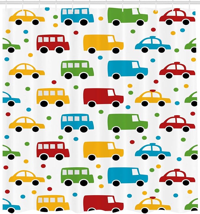 Ambesonne Cars Shower Curtain, Vivid Colored Silhouettes of Transportation Vehicles Bus Taxi Automobile Pattern, Cloth Fabric Bathroom Decor Set with Hooks, 69" W x 75" L, Orange Green Blue