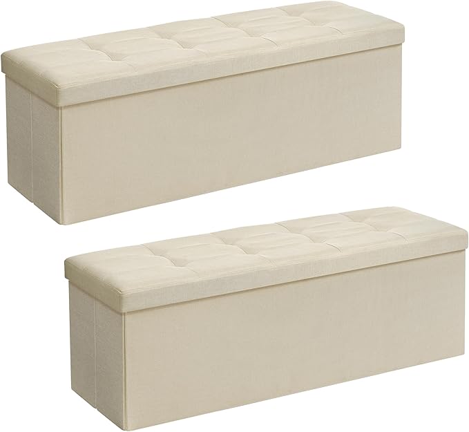 SONGMICS 43 Inches Folding Storage Ottoman Bench, Set of 2, Storage Chest, Foot Rest Stool, Bedroom Bench with Storage, Beige, ULSF429W02