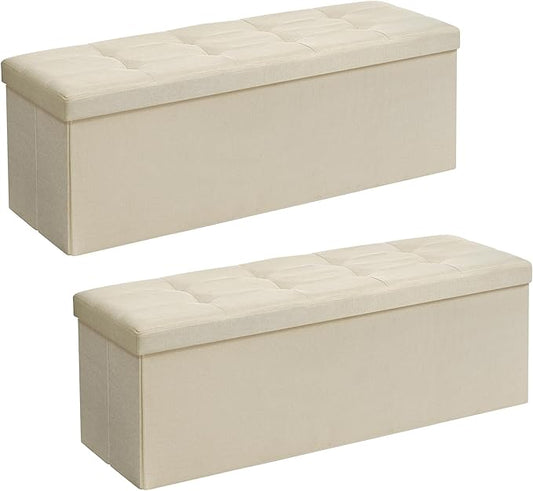 SONGMICS 43 Inches Folding Storage Ottoman Bench, Set of 2, Storage Chest, Foot Rest Stool, Bedroom Bench with Storage, Beige, ULSF429W02