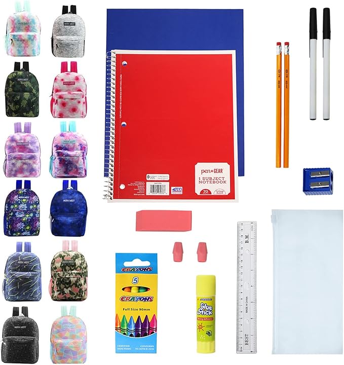 12-Pack 17” Sport Backpacks with 18 Piece School Supplies Kits - Pens, Pencils, Crayons – Bulk Bundle for Elementary, Middle, and High School Students, 12 Assorted Styles