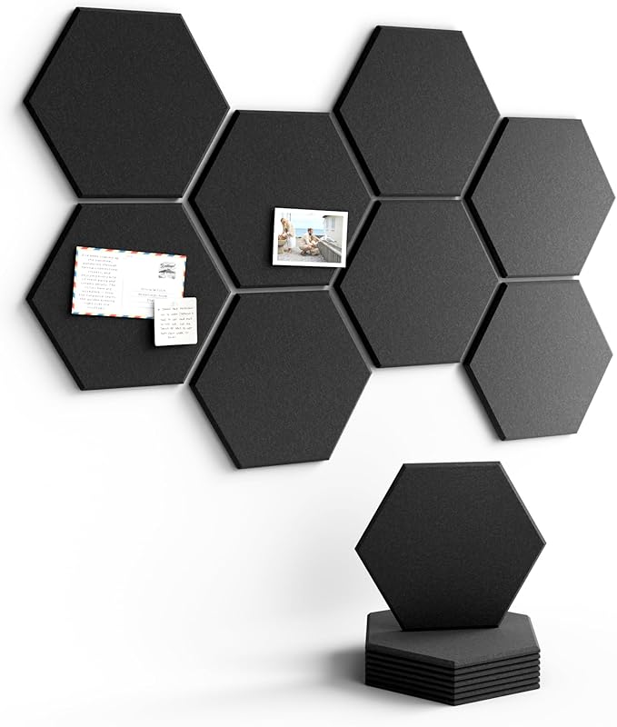 Fluxynara Hexagon Cork Board Alternative for Walls Decor-8-Pack Felt Bulletin Board Tiles,with 30 Pushpins,50 Adhesive Tabs for Office,Classrooms & Home Pin Board Felt Board-Black
