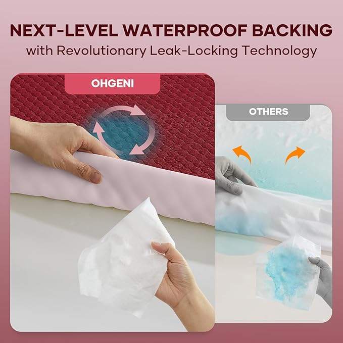 OhGeni 100% Waterproof Mattress Protector,Queen Size Mattress Soft Pad,Hair & Bedwetting Resistant,Cooling Breathable Fitted Sheets,Washable Bed Cover,Non-Slip Deep Pocket,Noiseless for Bedroom,Red