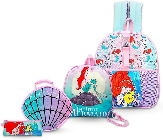 Disney The Little Mermaid Backpack and Lunch Box - Bundle with 16" Ariel Backpack, Lunch Bag, Pencil Holder, Water Bottle, Stickers, More | Little Mermaid School Bag for Girls Set