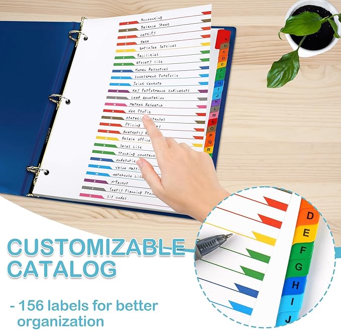 Alphabet Binder Dividers for 3 Ring Binder, COIDEA A-Z Dividers for 3 Ring Binder, Multicolor A-Z Binder Dividers with Customizable Table of Contents Page, ABC Alphabet Tabs for School Office (156)